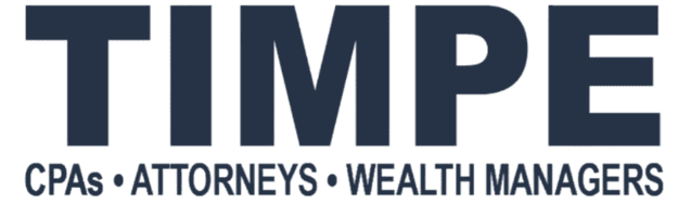 Timpe logo in dark navy blue featuring "TIMPE" in bold block letters with "CPAs • ATTORNEYS • WEALTH MANAGERS" below.
